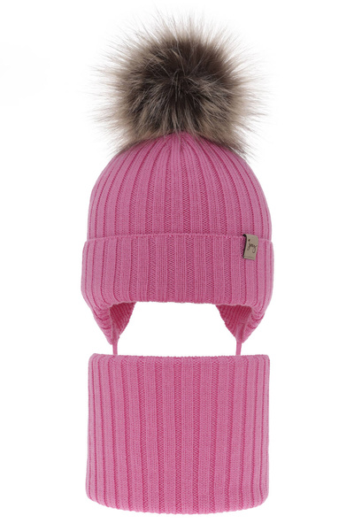 Girl's winter set: hat and tube scarf pink made of 100% extra fine merino wool Junika