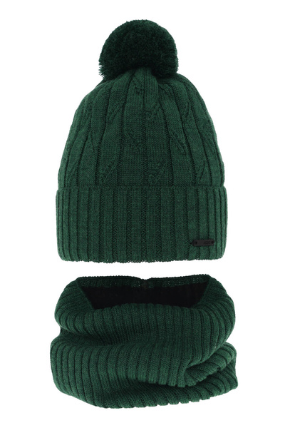 Boy's winter set: hat and tube scarf green merino wool Talar with pompom