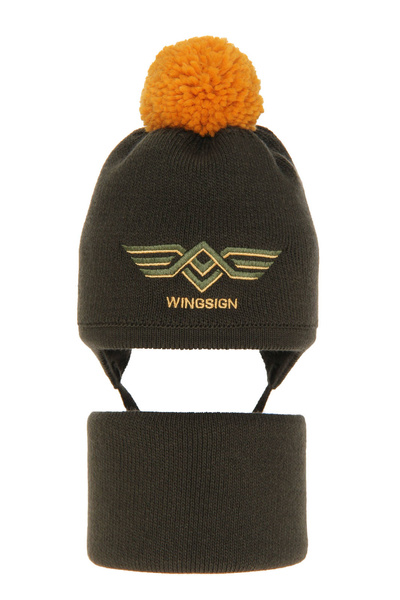 Boy's winter set: hat and tube scarf khaki Wings with pompom