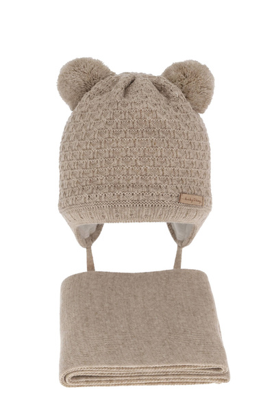 Boys winter set hat and scarf beige with two pompoms Franki