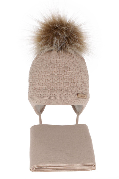 Girls winter set hat and scarf beige with pompom Clotilde