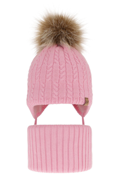 Girl's winter set: hat and tube scarf pink with pompom Loreley