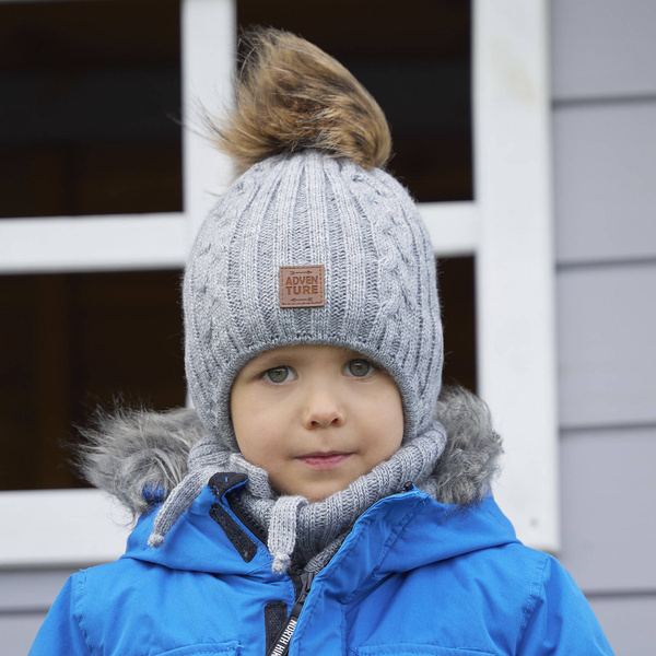 Boy's winter set: hat and tube scarf grey Casper with pompom