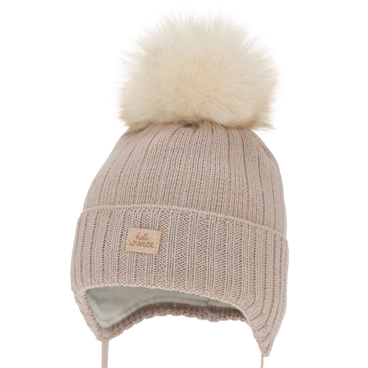 Girl's winter hat, beige, with ears, with merino wool, Basma