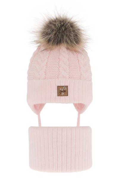Girl's winter set: hat and tube scarf pink with pompom Finess