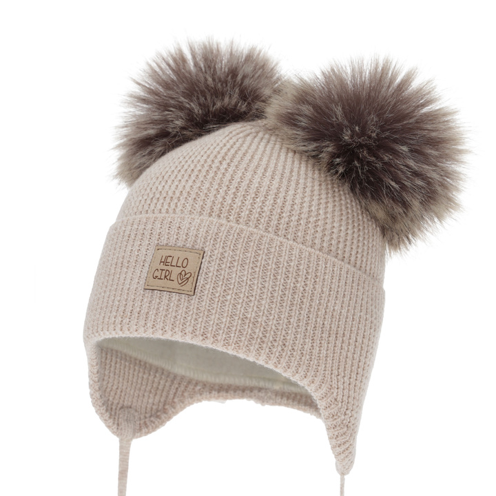 Girl's winter hat, beige, 100% merino wool, wool fleece lining, with ears, Trudina