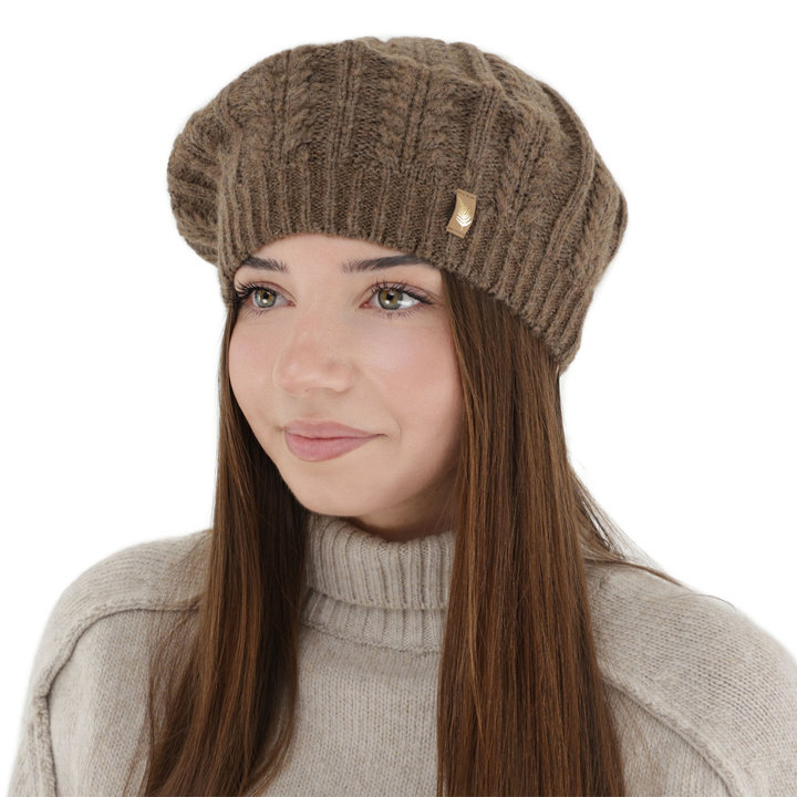Woman's winter beret, brown, with merino wool, Senja