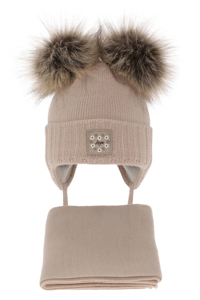 Girls winter set: hat and scarf beige with two pompoms Jazz