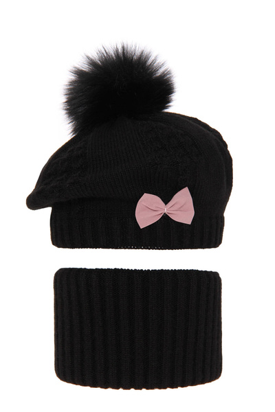 Girl's winter set: hat and tube scarf black Amora with pompom