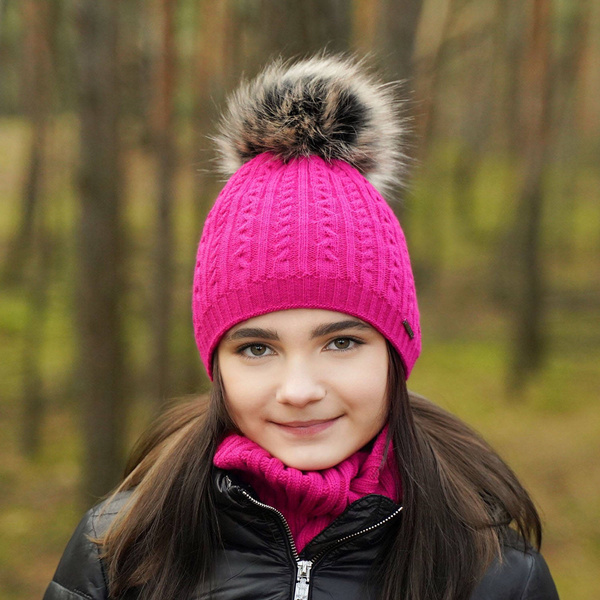 Girl's winter set: hat and tube scarf pink Rima with pompom