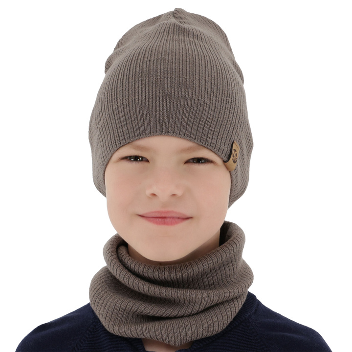 Boy's spring/ autumn set: hat and tube scarf beige 100% extra finemerino wool Richi