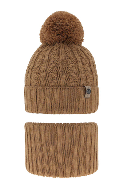 Boy's winter set: hat and tube scarf camel with pompom Almond