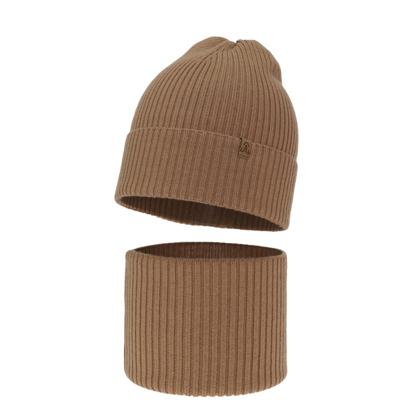 Boy's spring/ autumn set: hat and tube scarf camel 100% extra finemerino wool Lemas