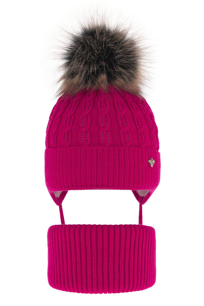 Girl's winter set: hat and tube scarf pink with pompom Tukana 