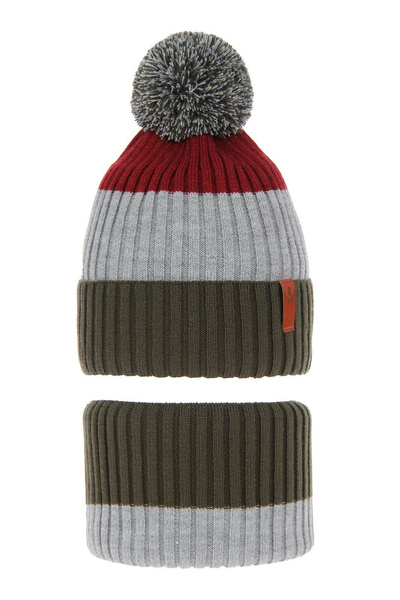 Boy's winter set: hat and tube scarf khaki Karson with pompom