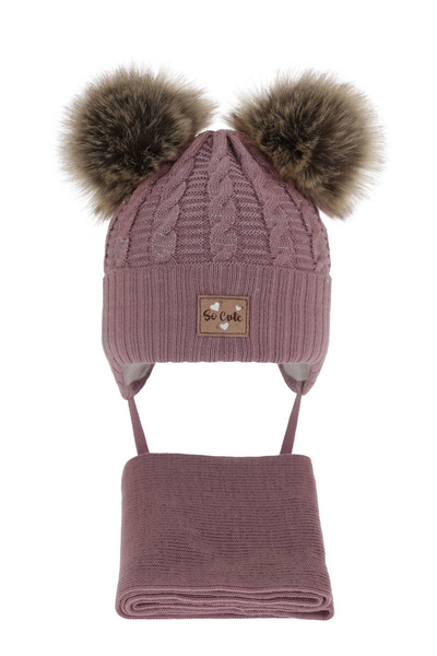 Girl's winter set: hat shiny thread (lurex) and scarf pink Klarita with two pompom