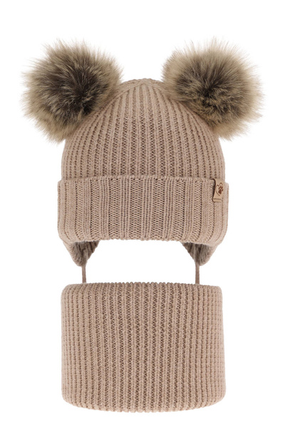 Girl's winter set: hat and tube scarf beige made of 100% extra fine merino wool Silvia