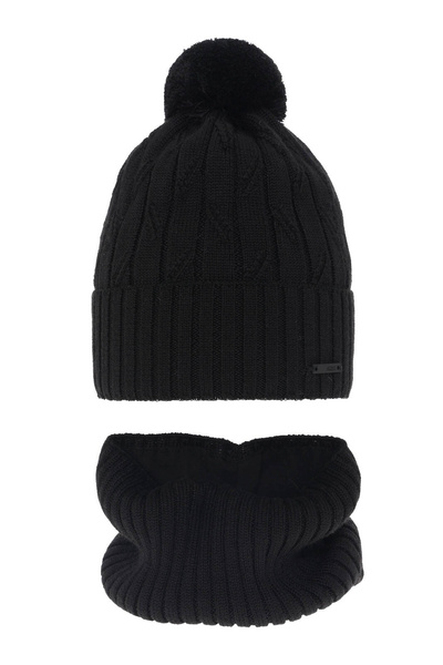 Boy's winter set: hat and tube scarf black merino wool Talar with pompom