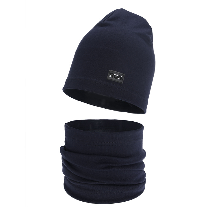 Boy's spring, autumn set: hat and tube scarf, navy blue, cotton, Trivon