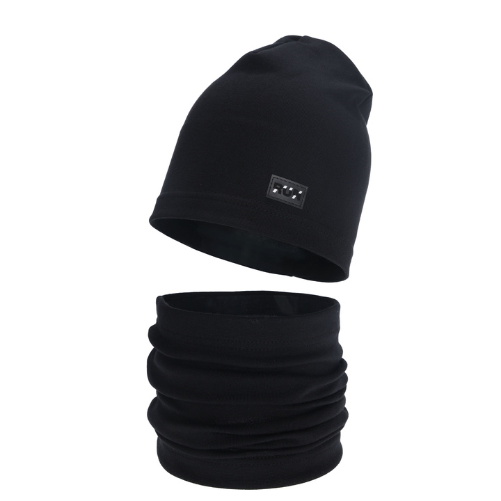 Boy's spring, autumn set: hat and tube scarf, black, cotton, Trivon