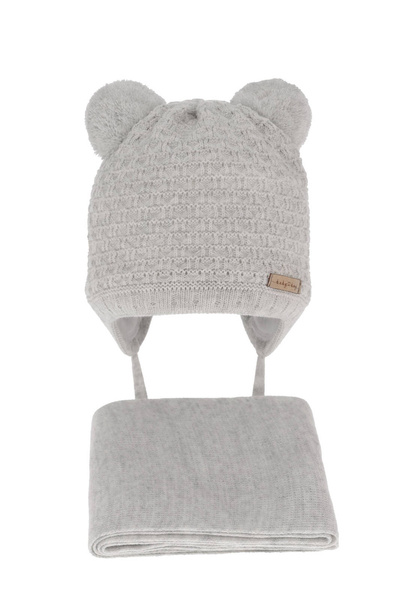 Boys winter set hat and scarf grey with two pompoms Franki