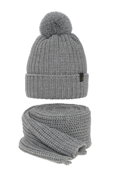 Woman's winter set: hat and scarf grey Lupita with pompom