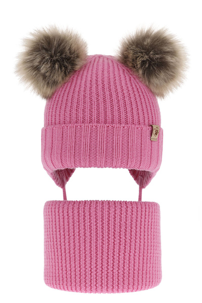 Girl's winter set: hat and tube scarf pink made of 100% extra fine merino wool Silvia