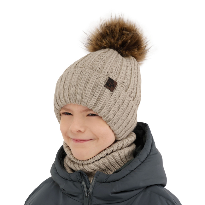 Boy's winter set: hat and tube scarf beige with pompom Lars