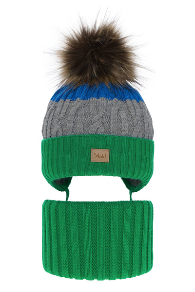 Boy's winter set: hat and tube scarf green Maxwell with pompom