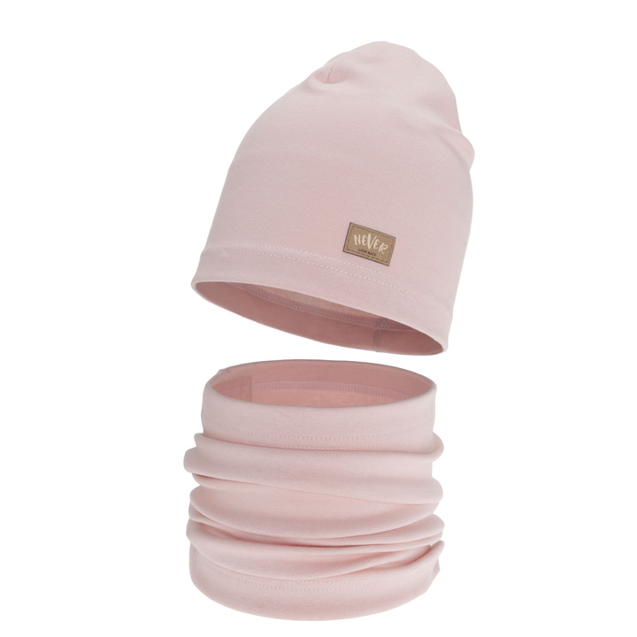 Girl's spring, autumn set: hat and tube scarf, pink, cotton, Torila