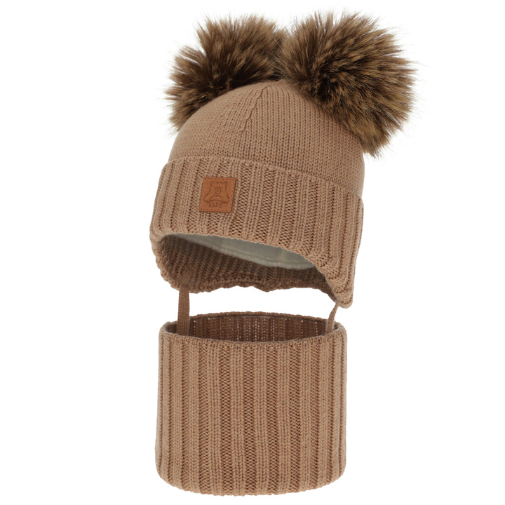 Boy's hat and snood, winter set, camel, 100% merino wool, lined with wool fleece, Ronik