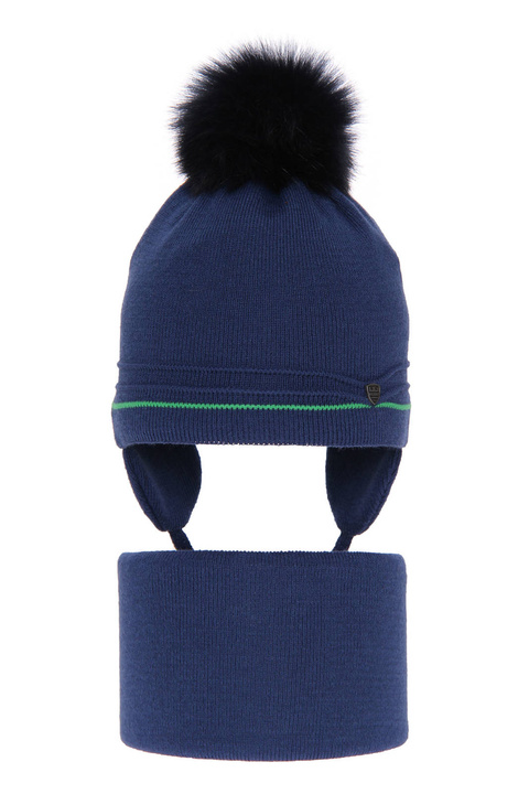 Boy's winter set: hat and tube scarf blue Burgund with pompom