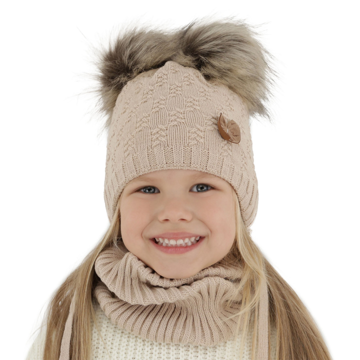 Girl's winter set: hat and tube scarf beige with two pompoms Bettina