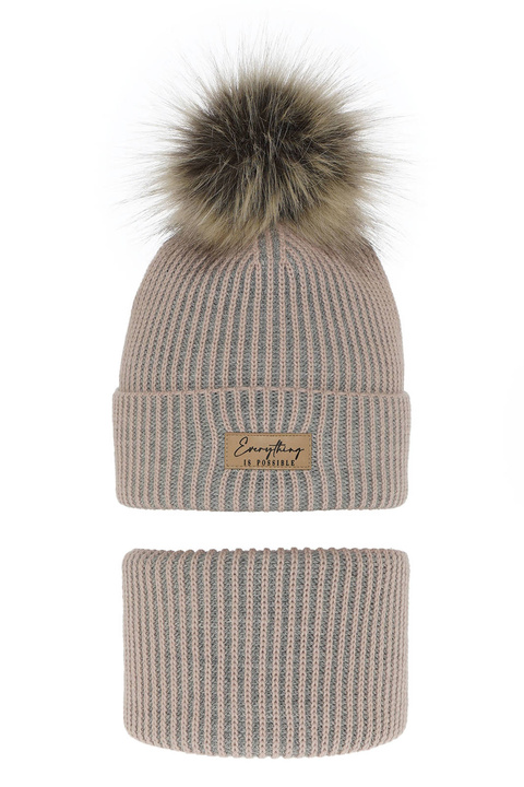 Girl's winter set: hat and tube scarf pink Floryda with pompom