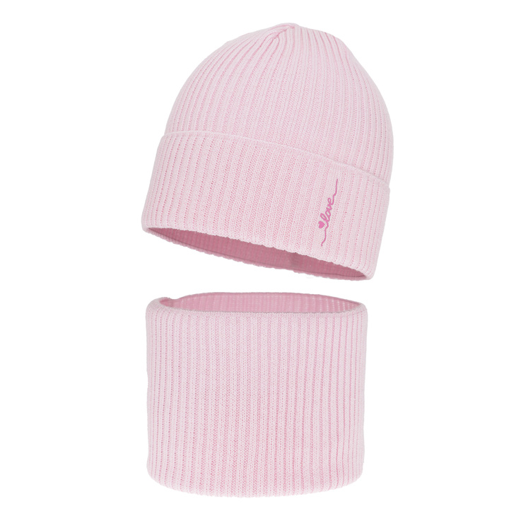 Girl's spring/ autumn set: hat and tube scarf, with cotton, pink Elvara
