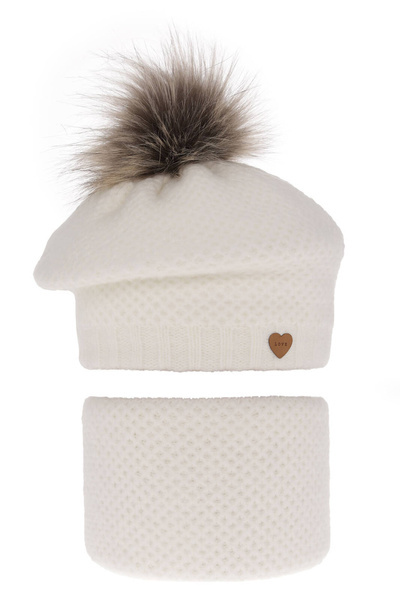 Girl's winter set: hat and tube scarf white with pompom Francesca