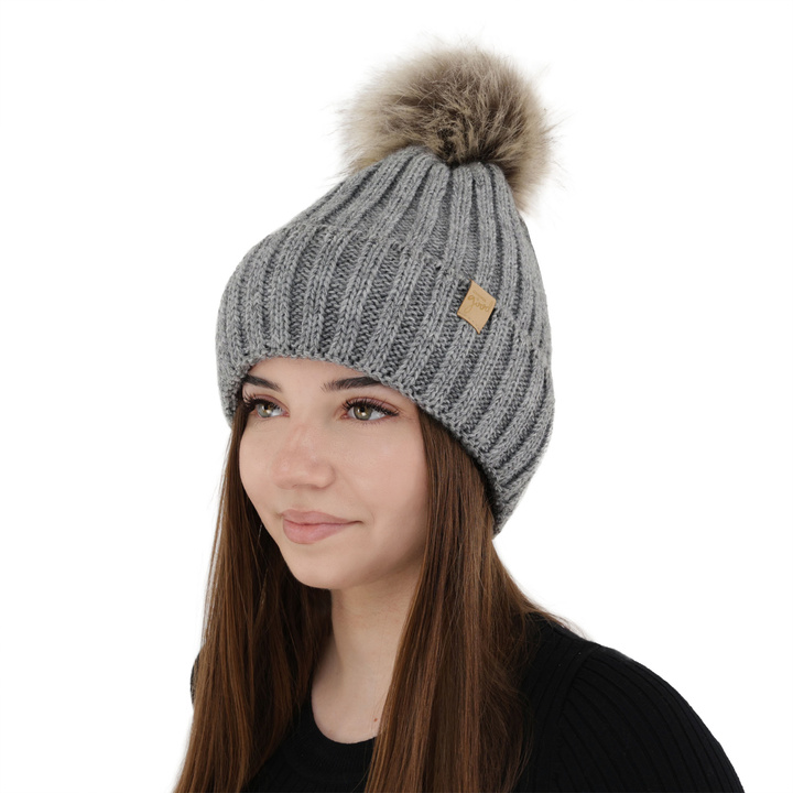 Woman's winter hat grey Europa with pompom