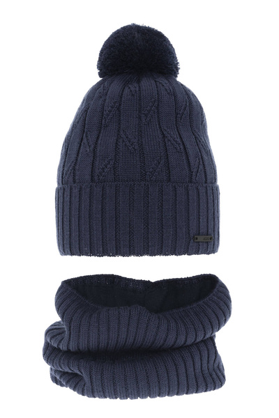 Boy's winter set: hat and tube scarf blue  merino wool Talar with pompom