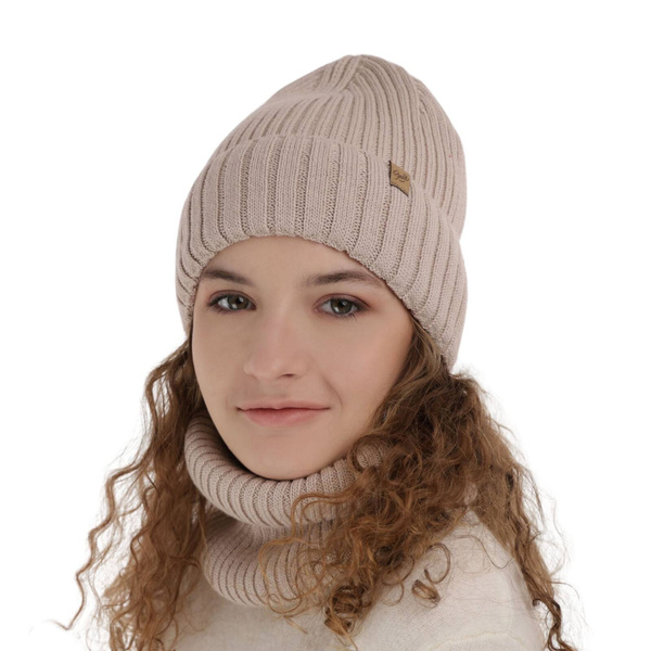 Girl's winter set: hat and tube scarf beige merino wool Mesalia