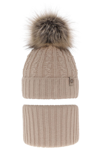 Girl's winter set: hat and tube scarf beige Pretoria with pompom