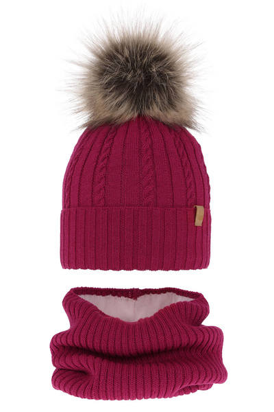 Girl's winter set: hat and tube scarf pink merino wool Mirabel