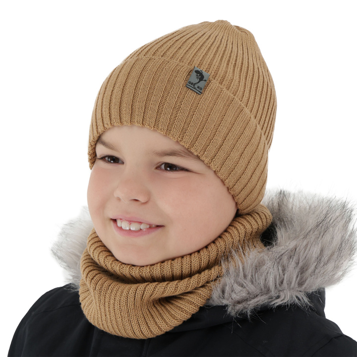 Boy's winter set: hat and tube scarf camel merino wool Gecko