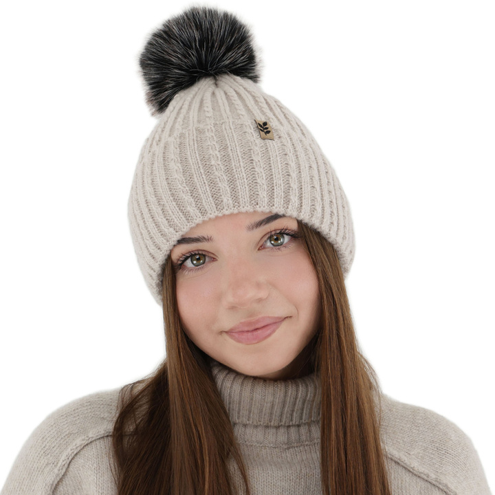 Woman's winter hat, beige, with pompom, Calista