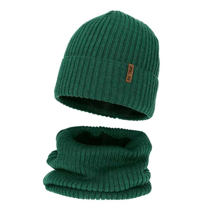Hat and tube scarf with polar lining for boy winter set, green, with merino wool, Colton