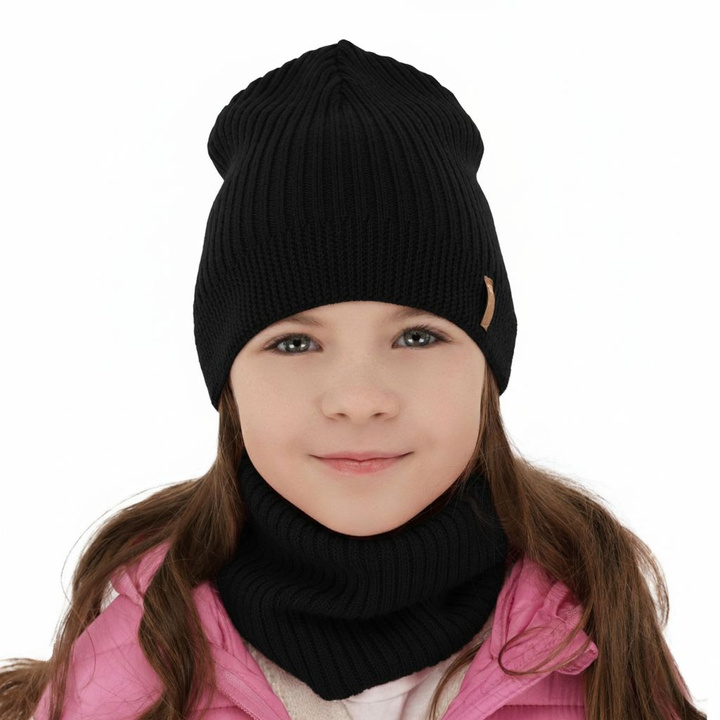 Girl spring autumn set hat and tube scarf black 100% extra fine merino wool Chelsie