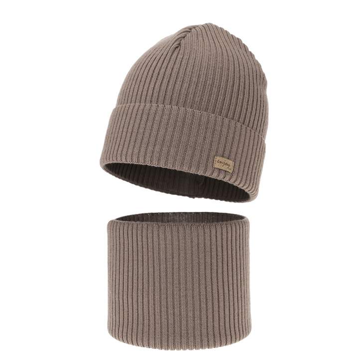 Boy's spring, autumn set: hat and tube scarf, dark beige, 100% merino wool, Intro