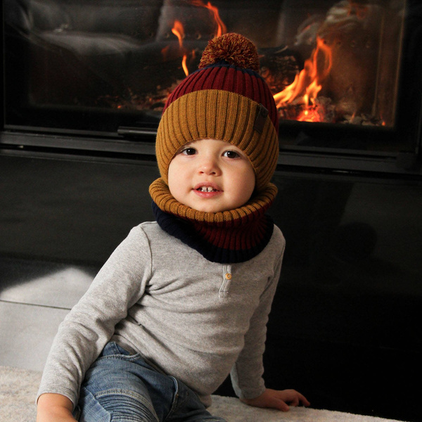 Boy's winter set: hat and tube scarf mustard Karson with pompom