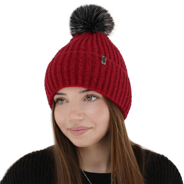 Woman's winter hat, red, with pompom, Calista