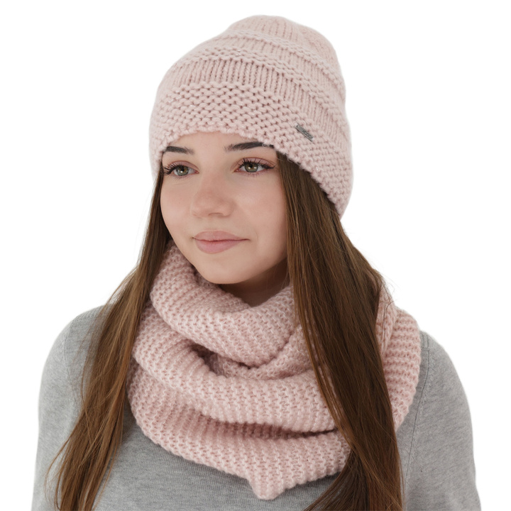 Winter set: hat and tube scarf, pink, with merino wool, Driva