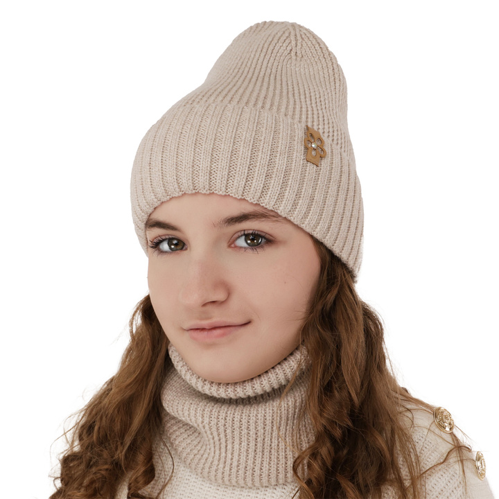 Girl's winter set: hat and tube scarf beige 100% extra finemerino wool Nelita